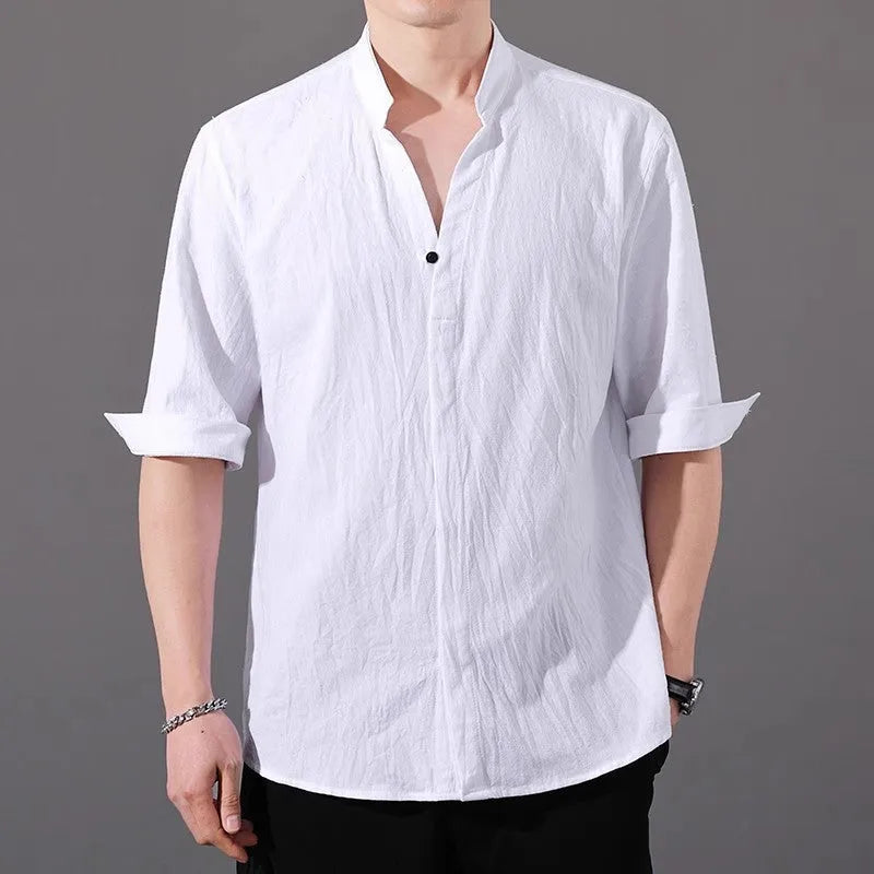 Men's cotton blend short sleeve shirt in loose cardigan style, solid black colour, with three-quarter sleeves