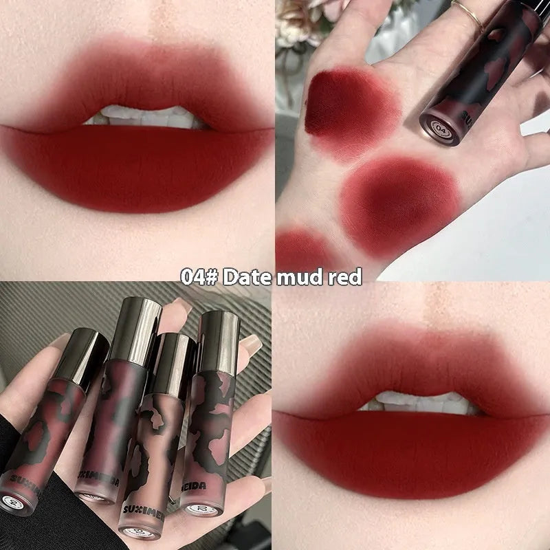 Lava Secret Matte Lip Mud Lipstick tube in one of five colours: orange brown coffee, cool grey, cinnamon coffee, jujube red, or smoked purple.