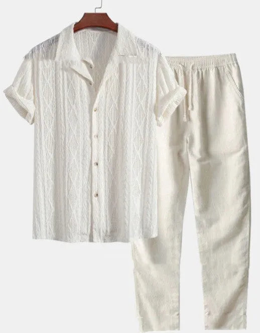Men's loose fit short sleeve shirt and trousers summer suit in milk silk polyester fabric.