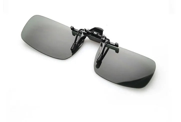 Clip-on driving sunglasses with plastic frame in grey, dark green, and night vision lens options.