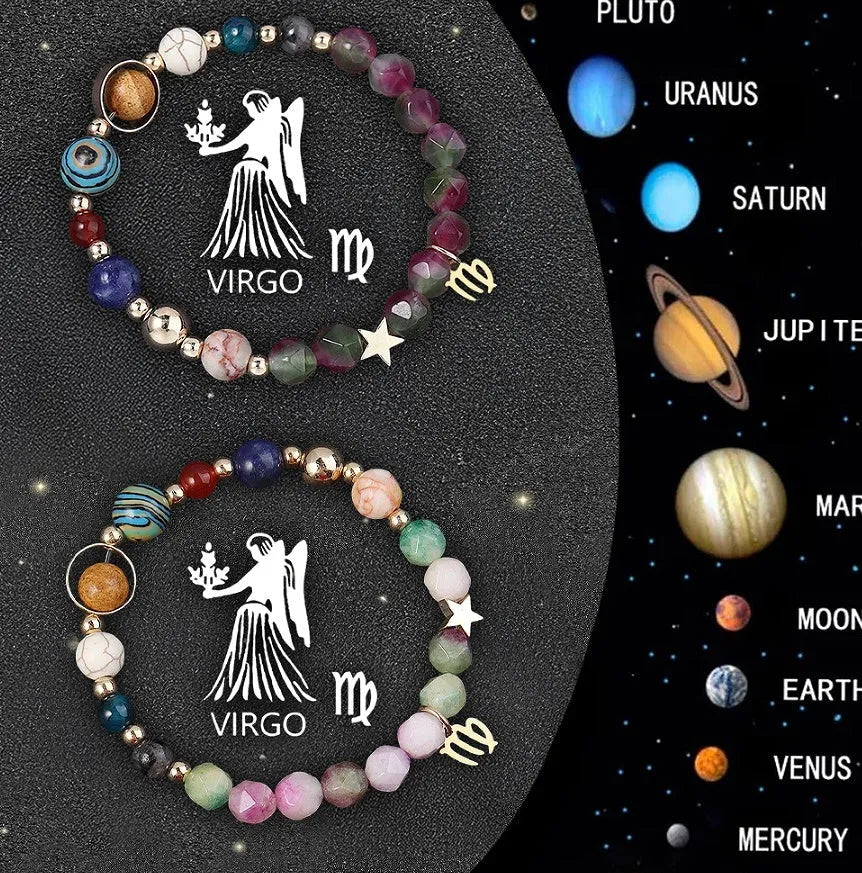 Set of two natural stone beaded bracelets on a wrist, each representing a different zodiac sign style.