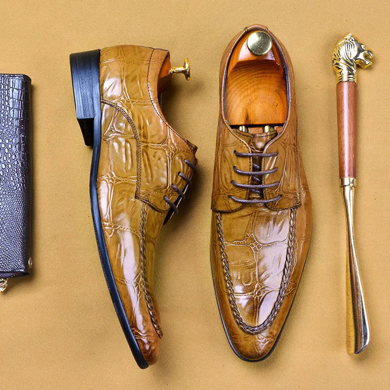 Men's black and brown leather brogues with horse bit buckle, low heel business shoes