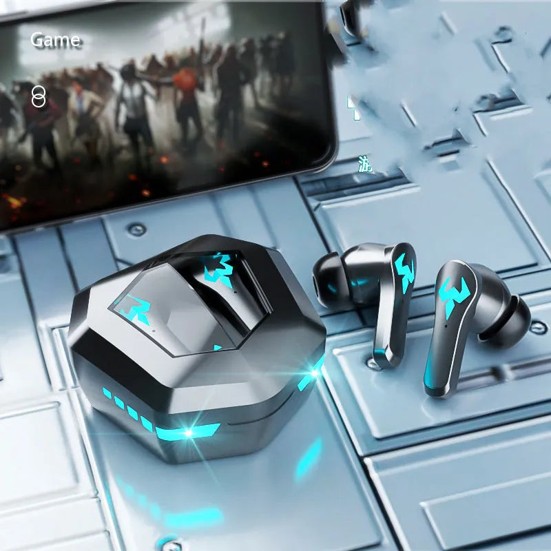 Black wireless Bluetooth stereo gaming headset with in-ear design for sports use