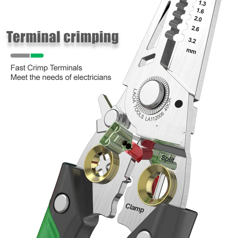 Stainless steel 7-in-1 wire stripper with straight handle and seven precision ports from 0.8mm to 3.2mm