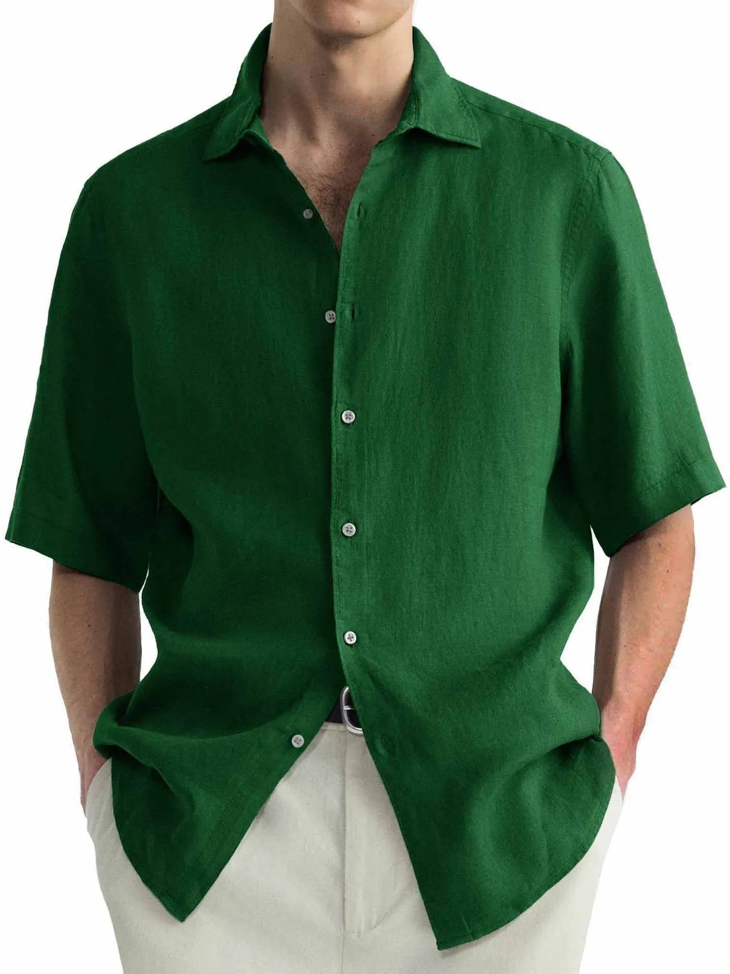 Green washed cotton men's casual shirt with a cardigan style and regular fit.