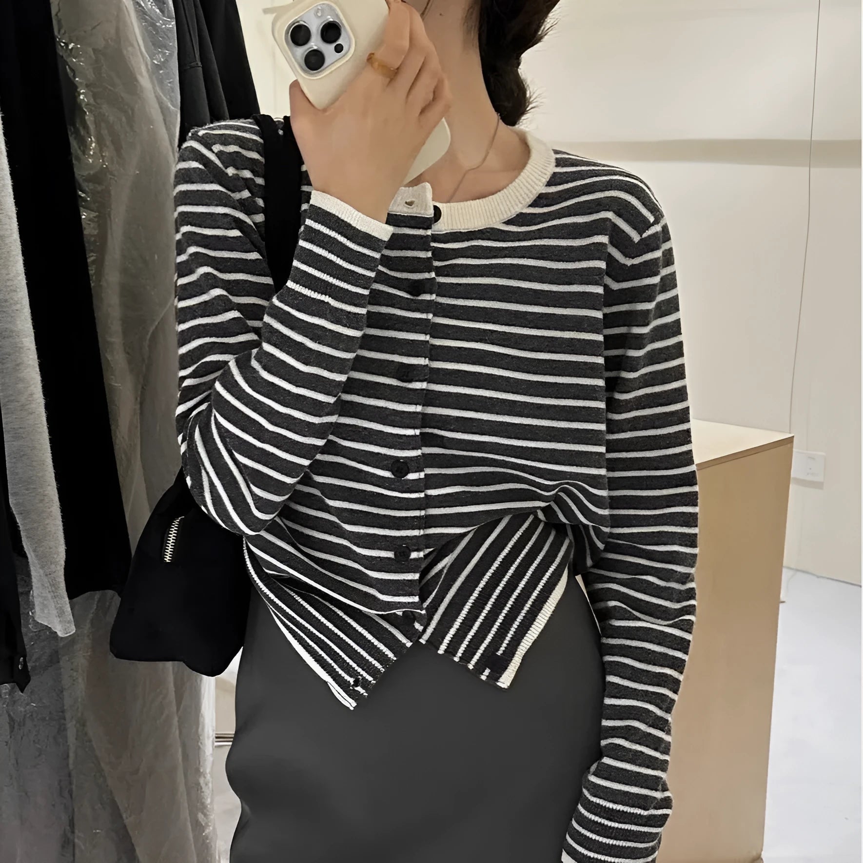 Dark grey and white striped French style women's slim fit cardigan sweater coat