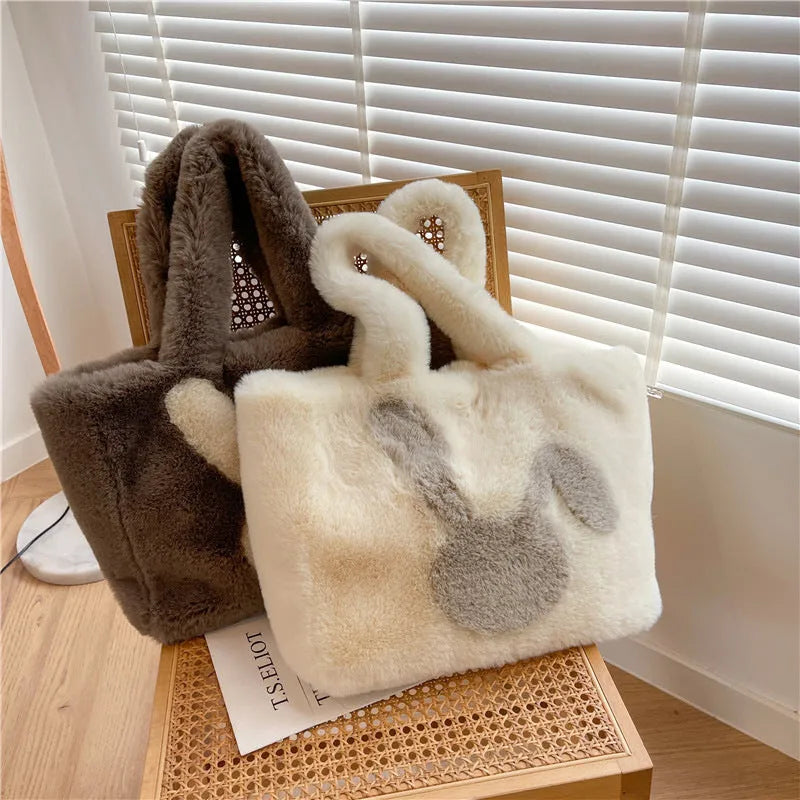 Plush cartoon rabbit ears shoulder bag in solid colour with large capacity design