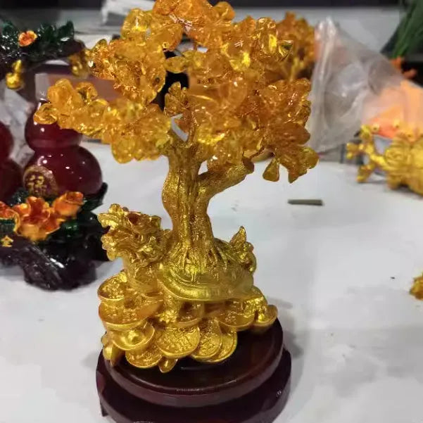 Citrine small water turtle money tree resin ornament measuring 18cm by 23cm