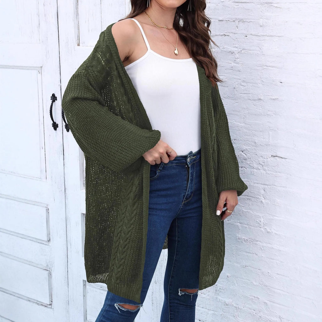 Women's loose-fit acrylic sweater coat cardigan in army green colour