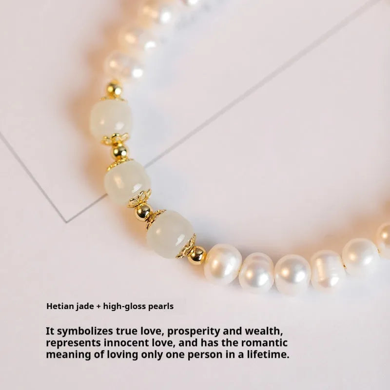 Korean style freshwater pearl bracelet with diamond-shaped electroplated pearls in Hetian jade colour.
