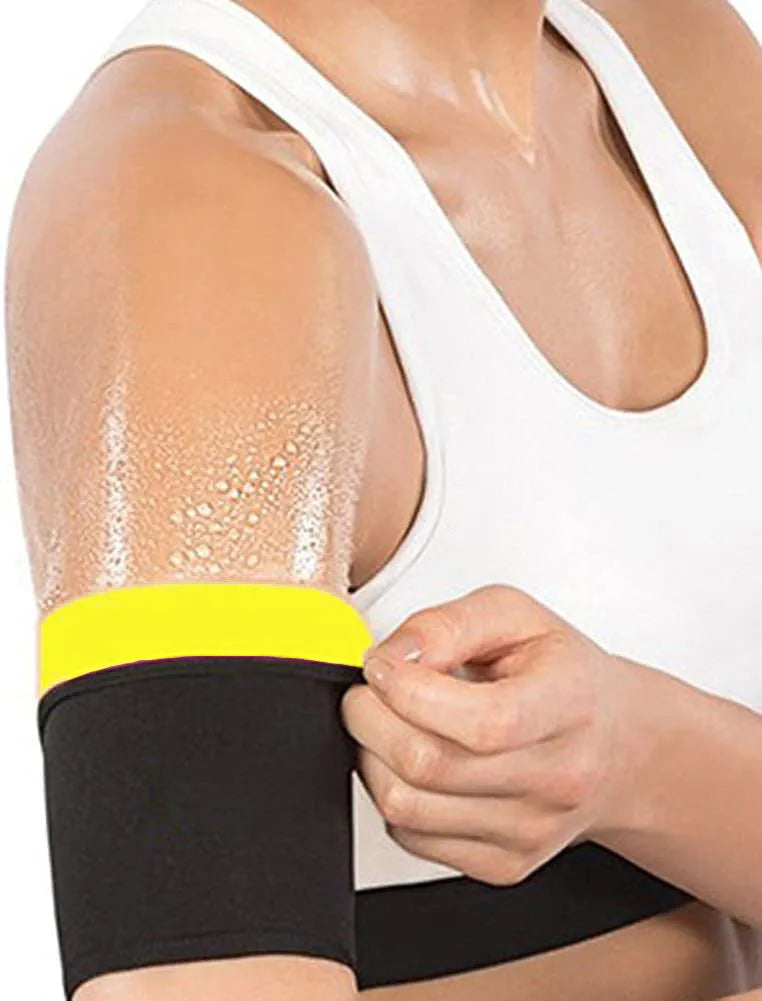 Blue and silver sports arm sweatband shown on an arm, with packaging showing black and red colour option.