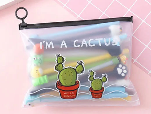 Marvel plastic pen case open showing twenty cartoon cactus design 0.5mm black pens inside.