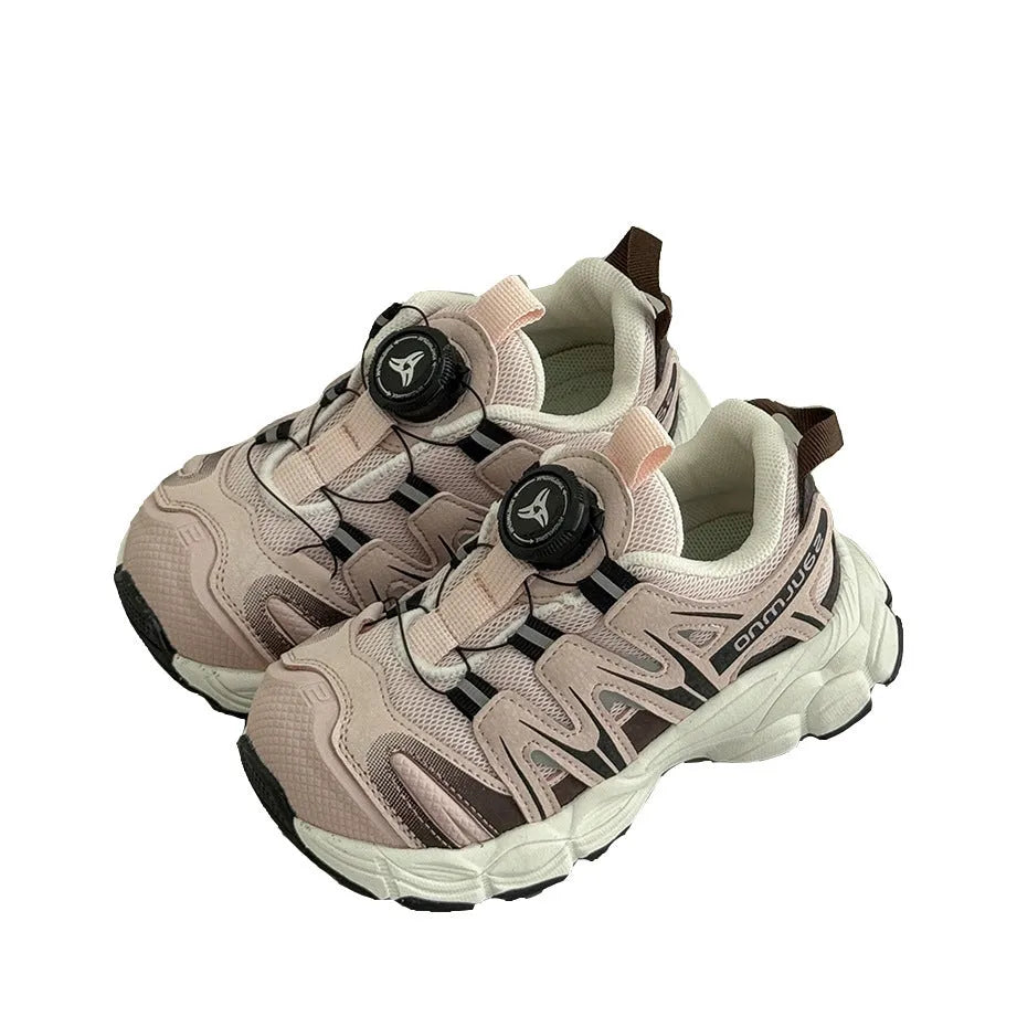 Girls lightweight casual sneaker in breathable mesh, available in black, beige, or pink.