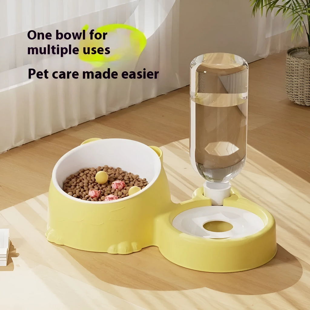 Double bowl automatic cat drinking fountain with stainless steel inserts and ceramic base in haze blue colour