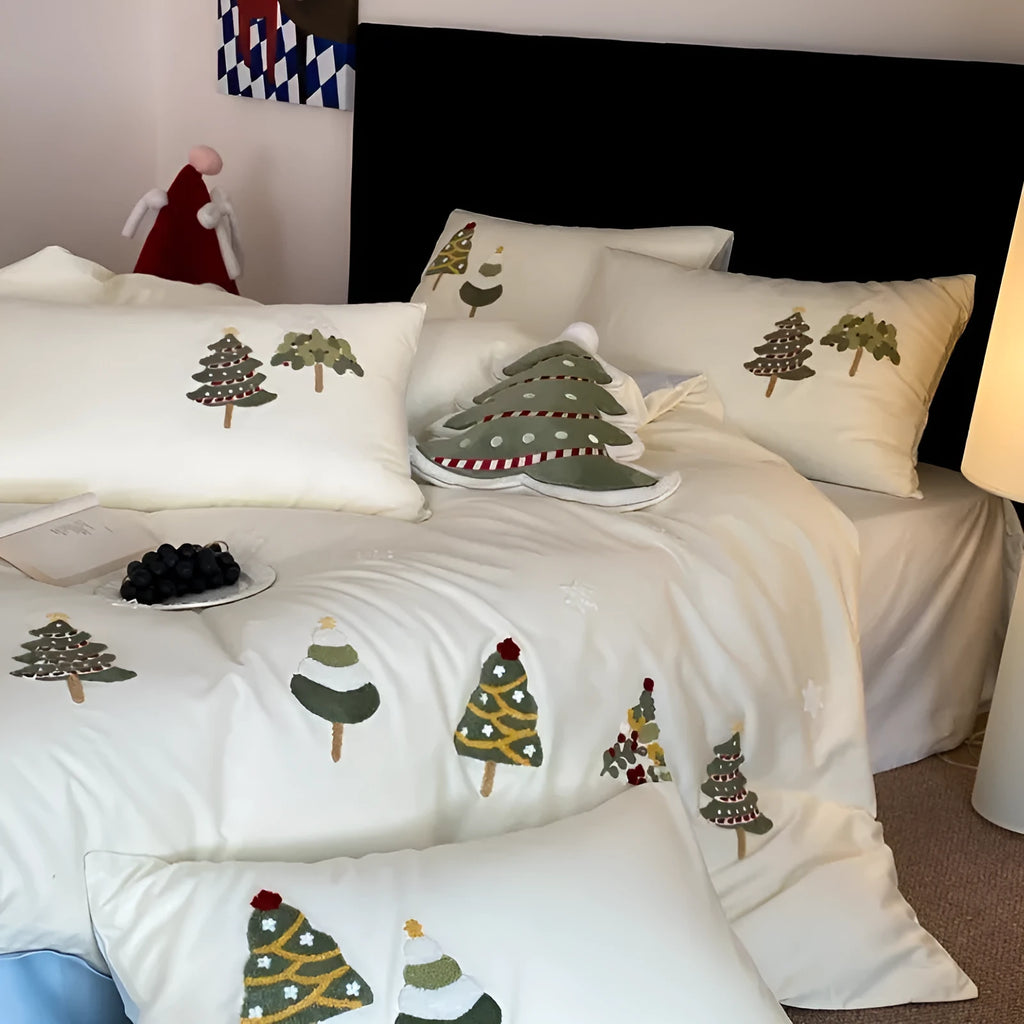 Christmas tree embroidered cotton bed linen four-piece set in cream blue and green colour options
