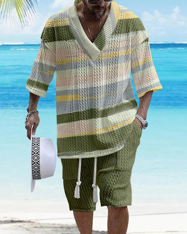 Men's loose-fit casual short sleeve suit and shorts set in a solid colour.