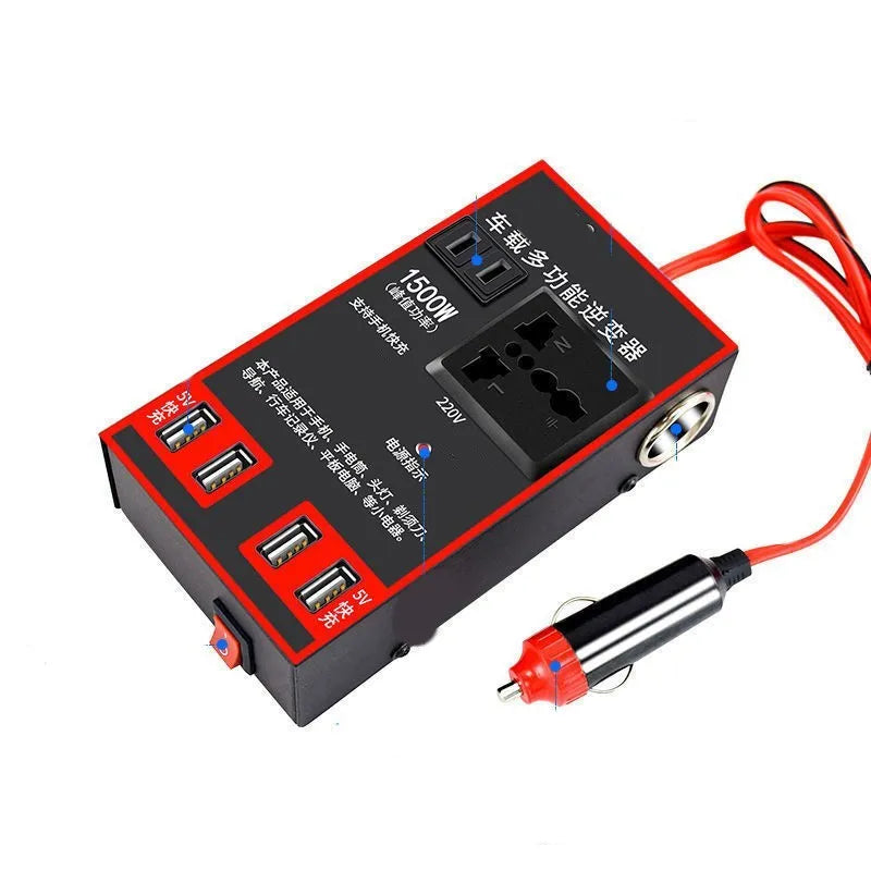 Black automotive power converter with UK socket and USB ports for 12V/24V to 220V vehicle power conversion