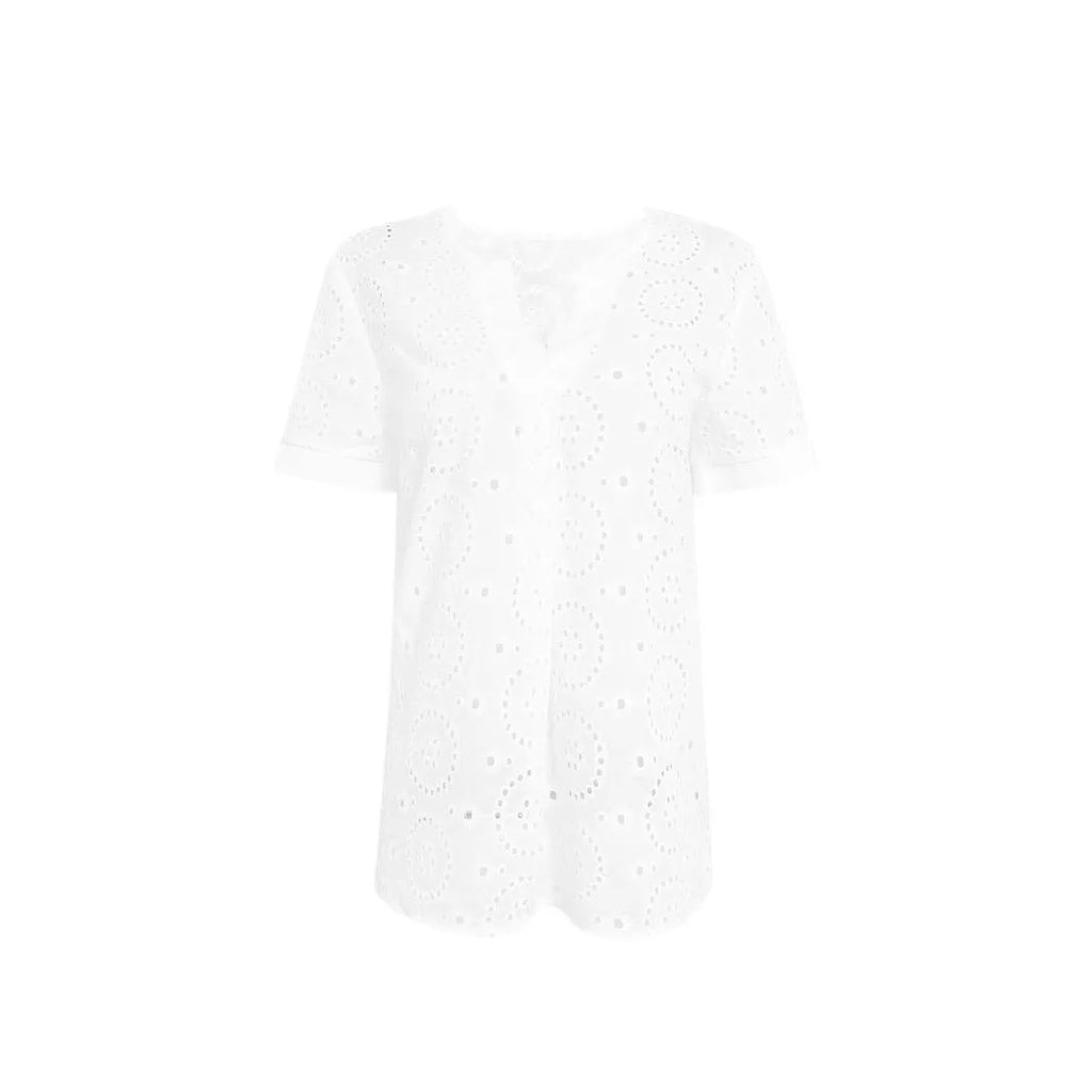 White loose fit V-neck t-shirt with hollow out detailing on the front.