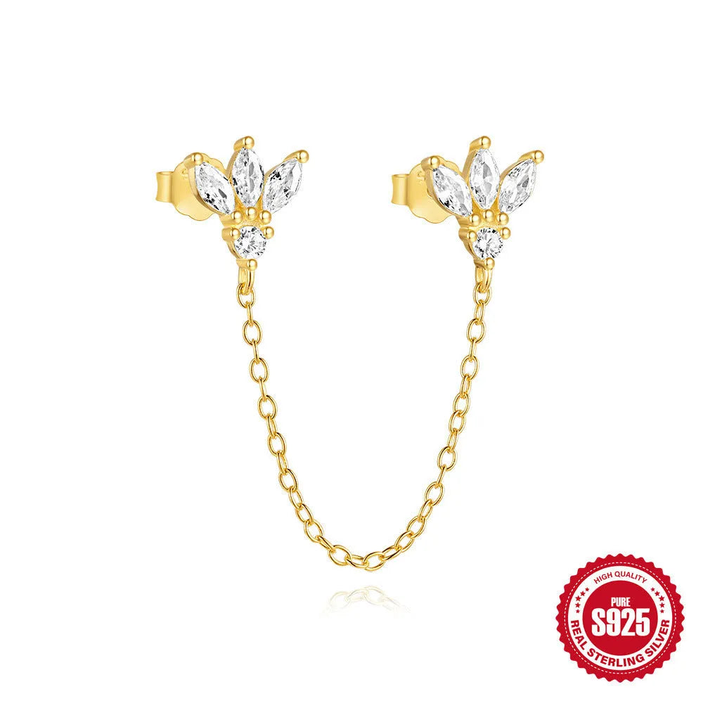 S925 sterling silver geometric stud earrings with inlaid zircon in golden clover, crown, and chain designs.