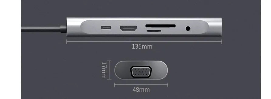 Grey USB-C docking station with HDMI, VGA, and USB 3.0 ports on aluminium alloy body