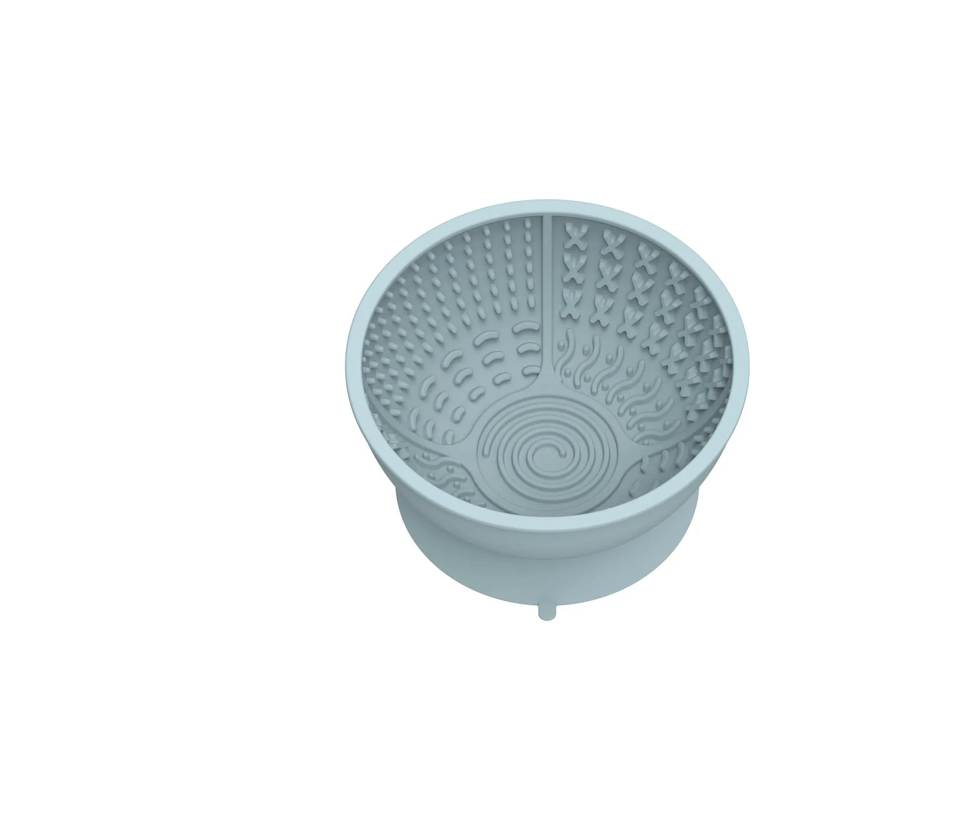 Cyan silicone dog bowl with licking mat texture and suction cup base on a floor.