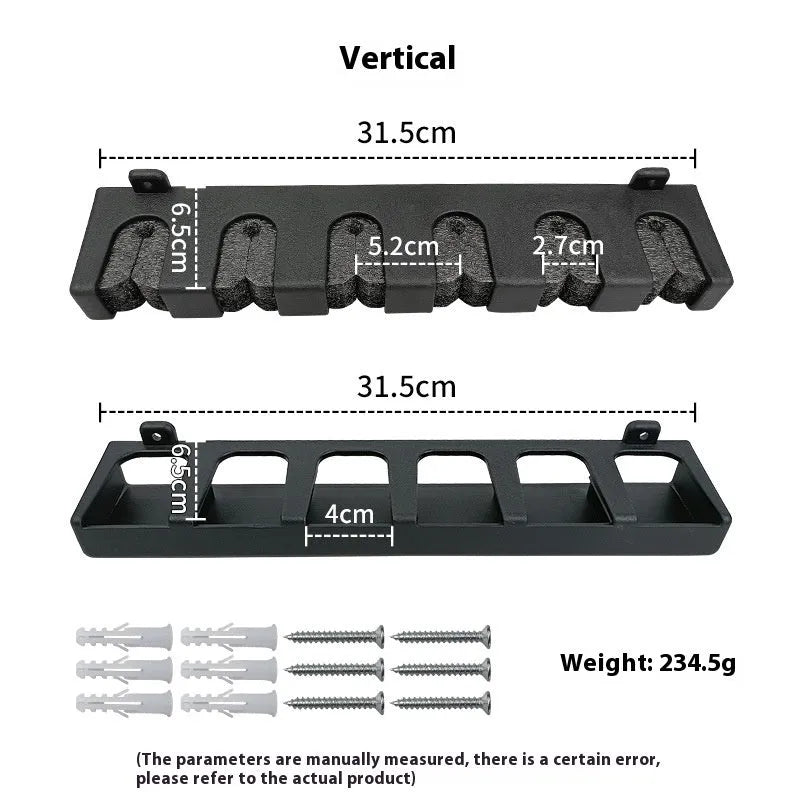 Black ABS plastic wall-mounted fishing rod holder rack in horizontal and upright frame styles