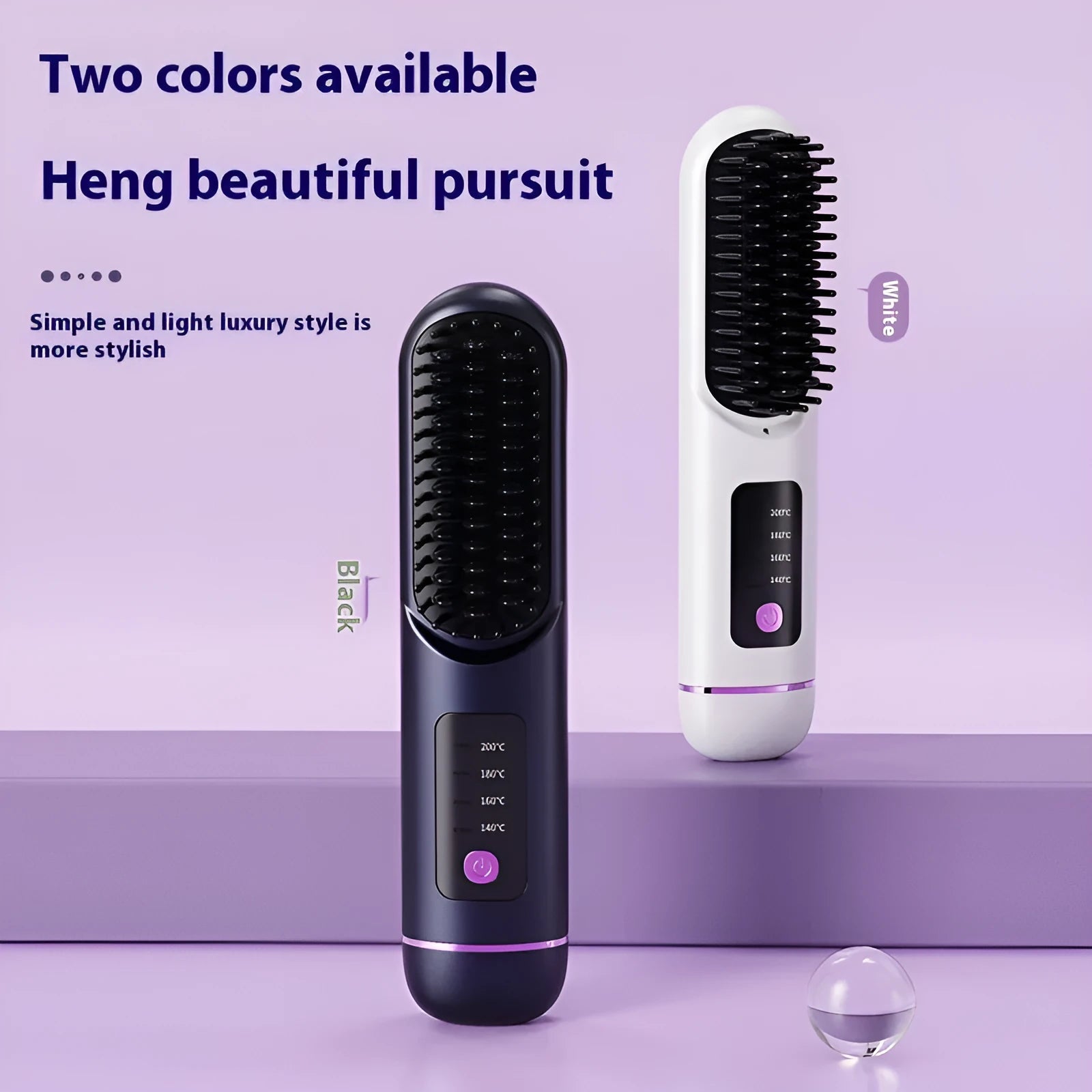A portable negative ion hair straightening comb in a choice of white, dark blue, or grey colours.