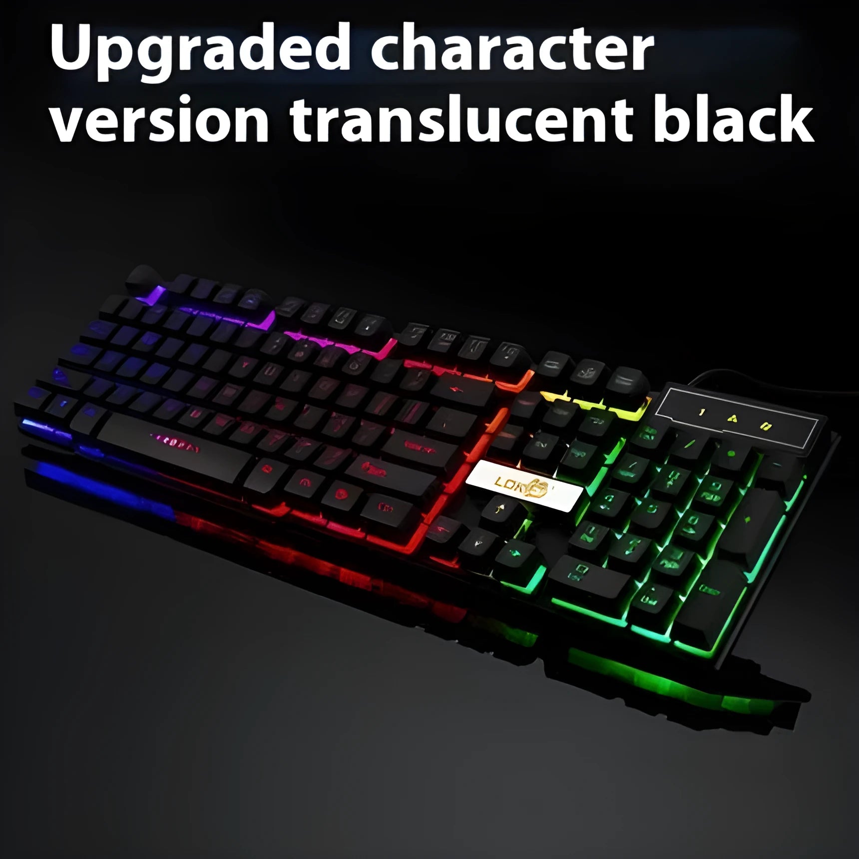 Black and white mechanical gaming keyboard with illuminated USB cable and backlit keys