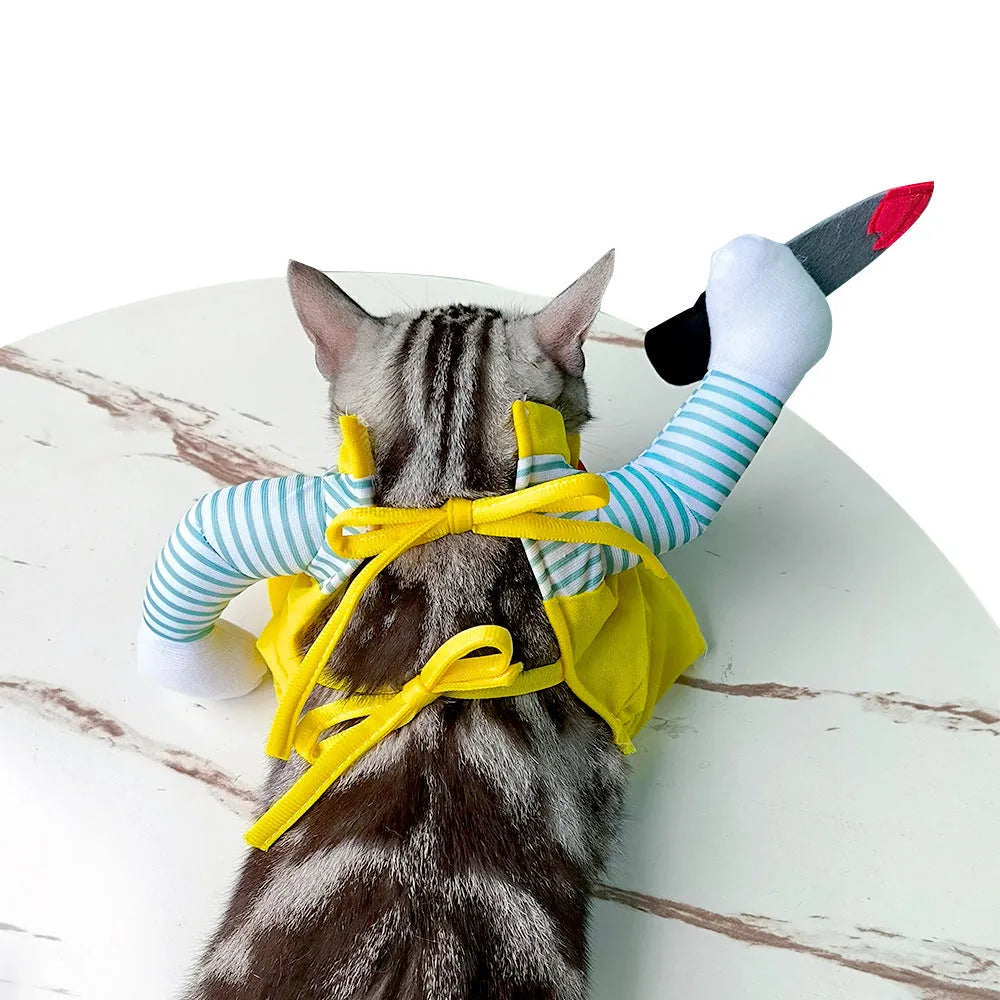 Yellow knife assassin costume for cats with polyester construction available in sizes S M L XL