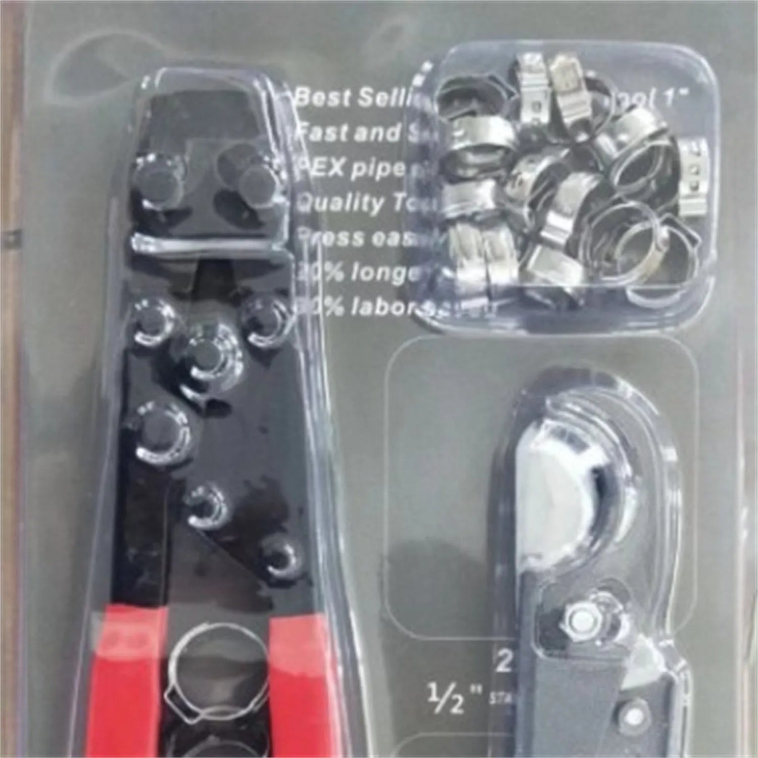 Red cloth packaged PEX clamp set with single ear metal clamps and carbon steel cutting edges