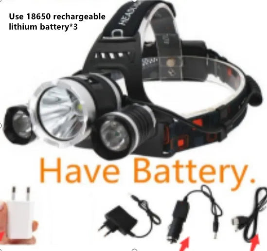 Rechargeable aluminium LED headlamp with adjustable headband and 18650 battery.