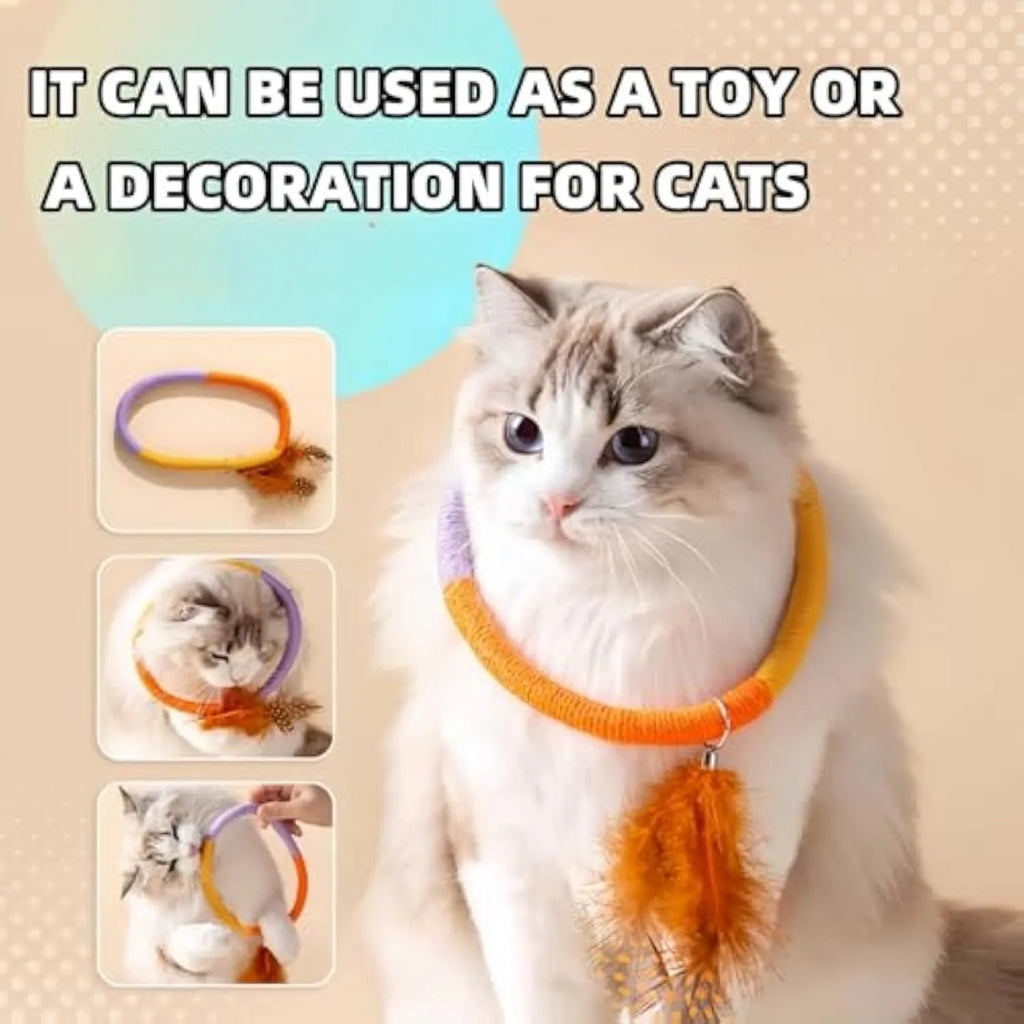 Green circular cotton rope cat toy with feathers and catnip for chewing and kicking play