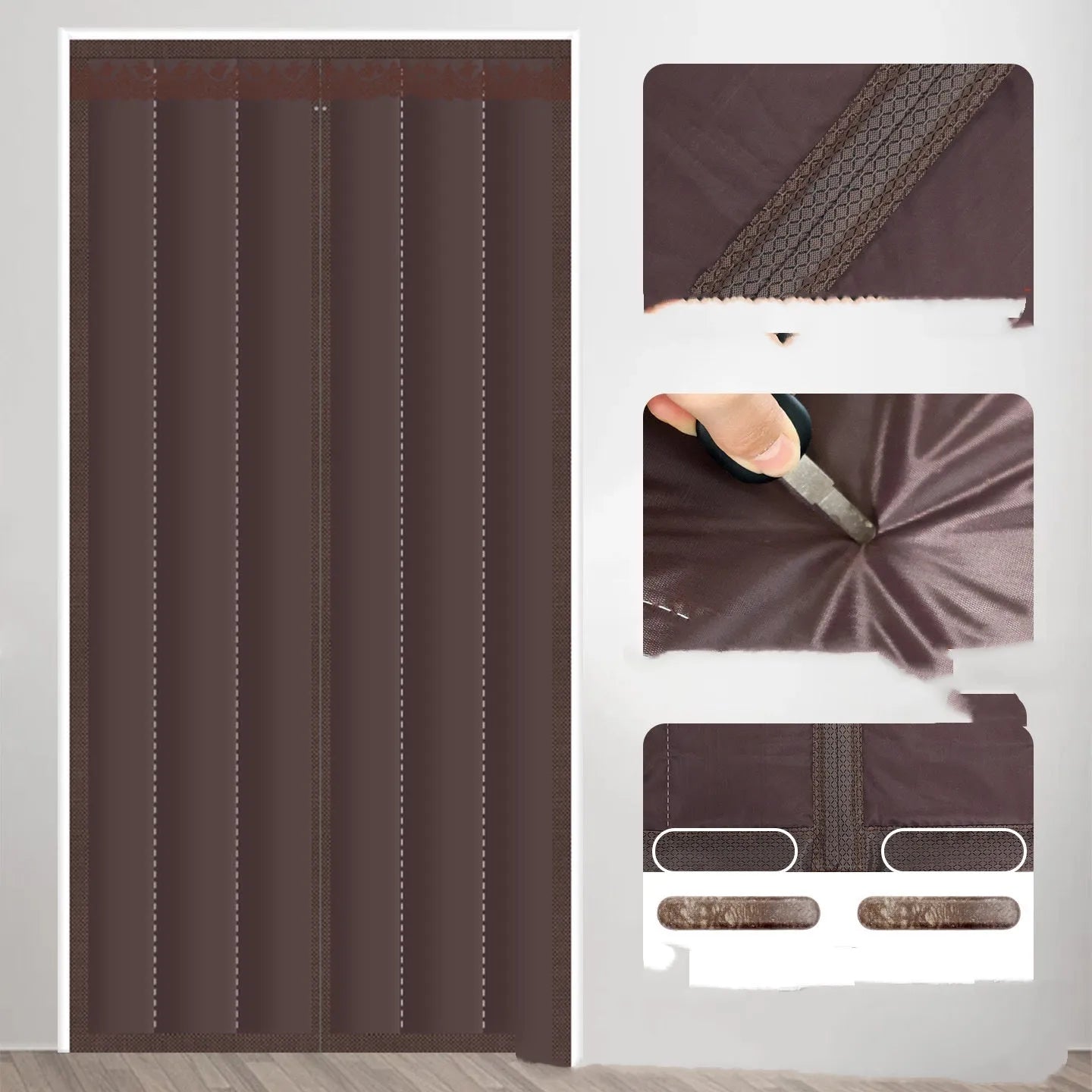 Full seam long magnetic strip cotton door curtain in New Chinese style hanging in a doorway.