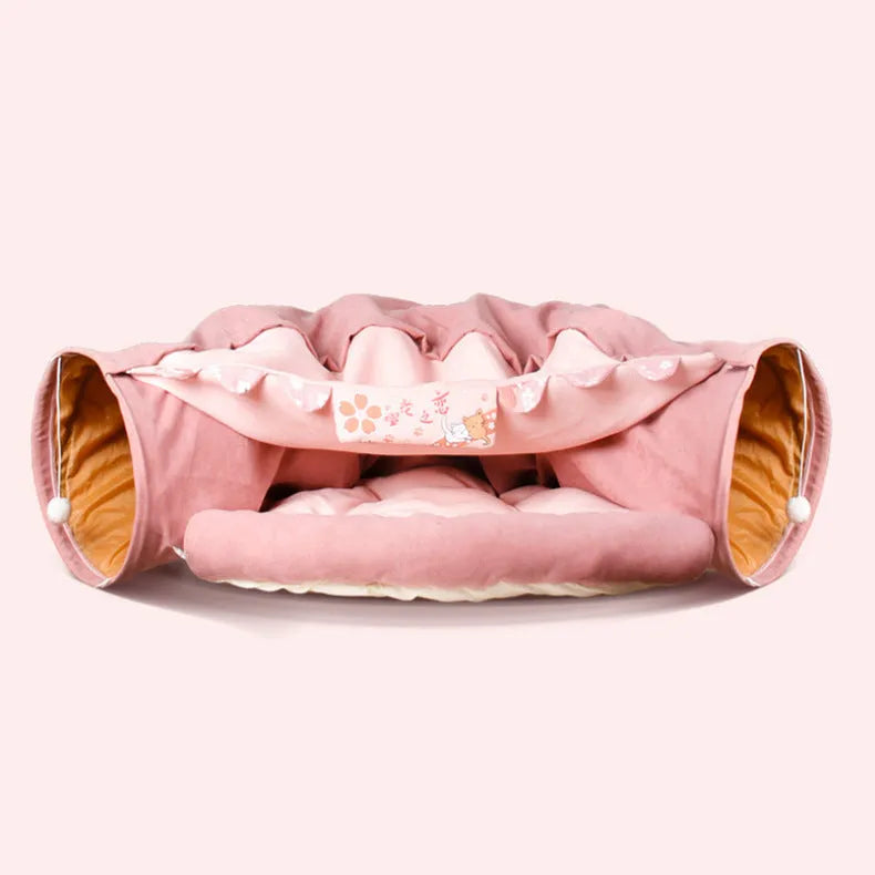 Collapsible cloth cat tunnel toy in choice of colours, shown folded and unfolded