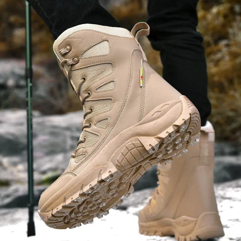 Cowhide leather hi-top hiking shoes in beige, black, and brown colours with platform soles