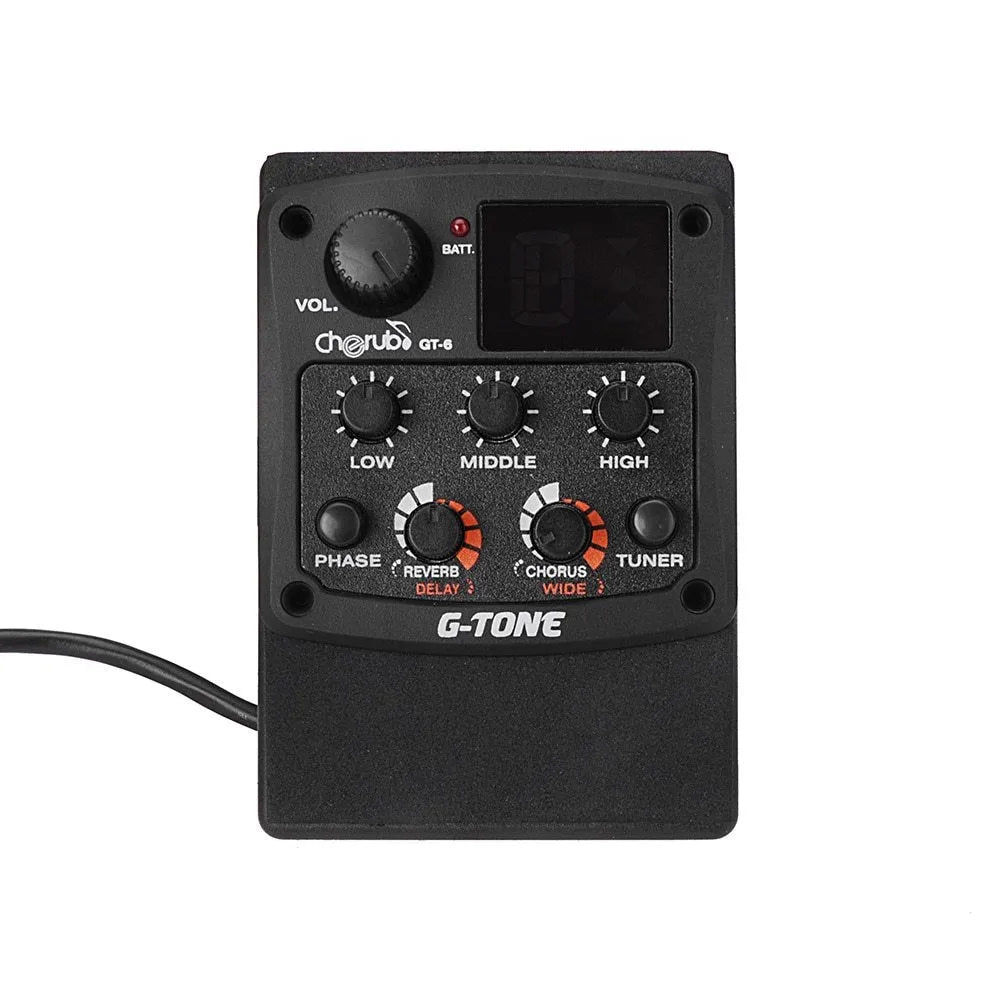 Cherub GT-6 black acoustic guitar hole-mount pickup with EQ knobs and effects controls.