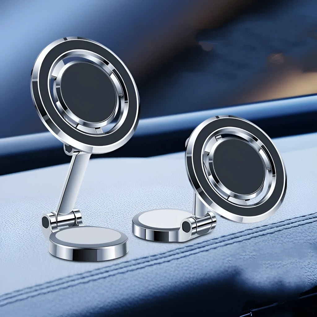 Car phone holder with adhesive magnetic mount and 360-degree rotating bracket in black or silver