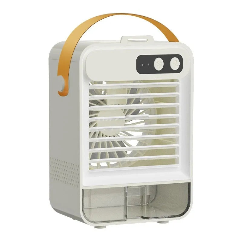 Dark green desktop humidifying air cooler with USB cable and compact dimensions for personal cooling