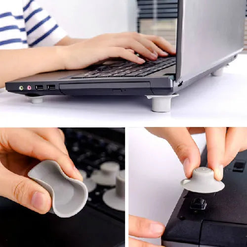 Four grey durable plastic laptop cooling pads shown in two different sizes on a table