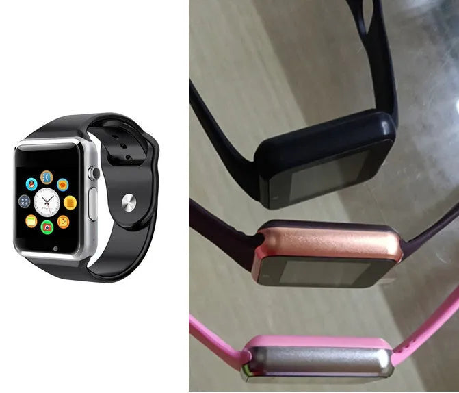 A1 Smart Watch in multiple colours on wrist, showing 1.54-inch touchscreen and side view highlighting camera.