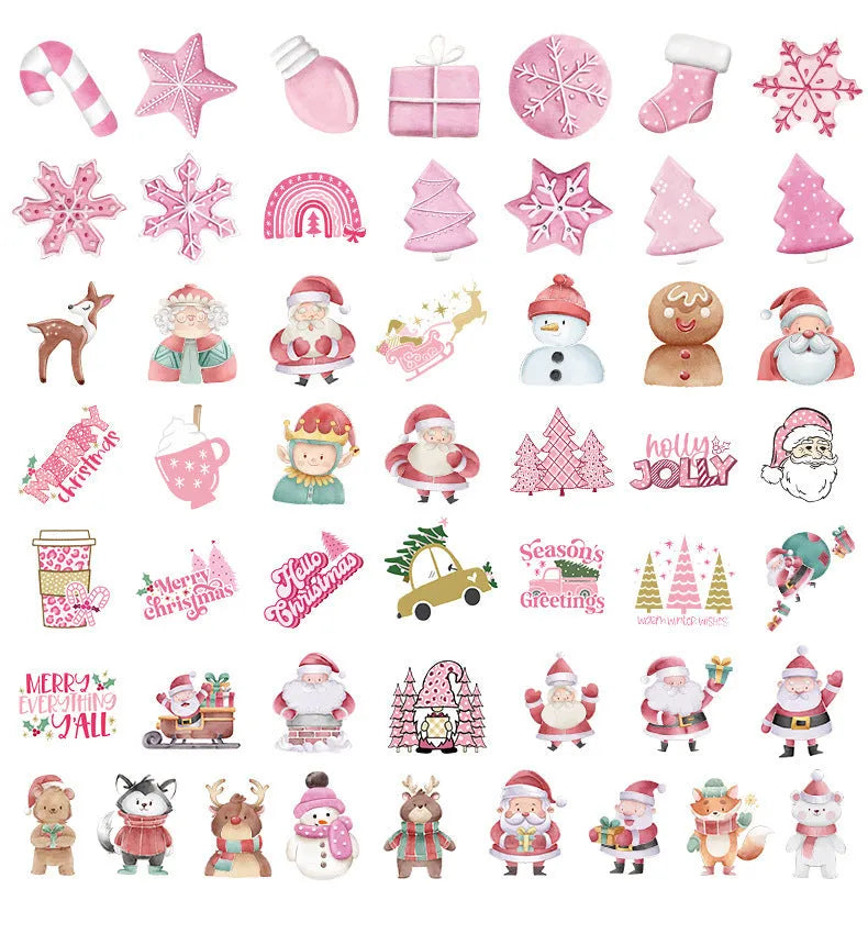Pack of 50 cute Christmas waterproof vinyl stickers sized 4-8cm for decorating cars, phones, and laptops
