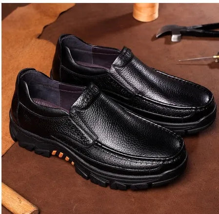 Black and brown cowhide leather business casual slip-on shoes with rubber soles