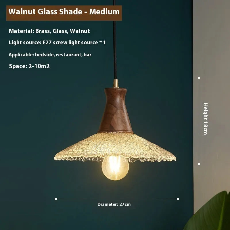 Retro-style brass and glass chandelier with wood body for ceiling mounting in restaurants.