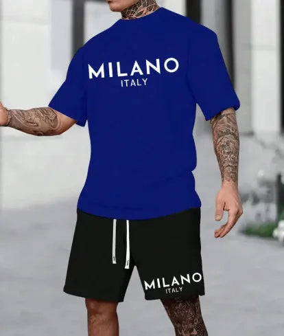 Men's polyester short sleeve suit set with matching shorts in five colour options