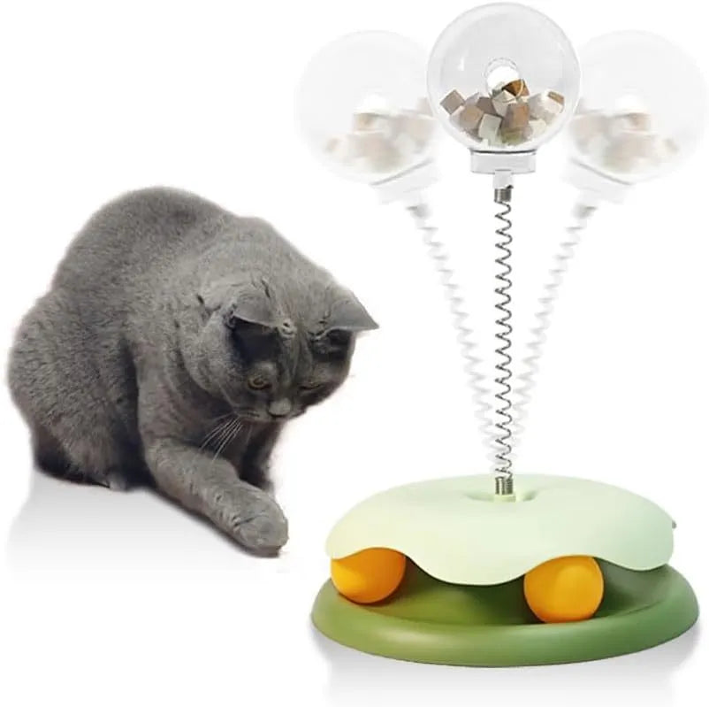Blue cat treat dispenser toy with track ball showing slow feeder function and rounded edges