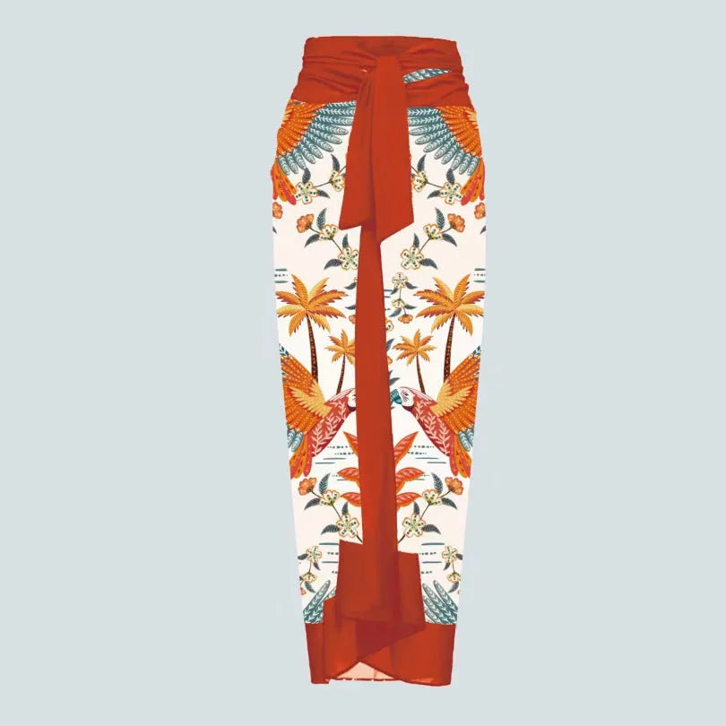 Women's floral print one-piece swimsuit with optional wrapped skirt