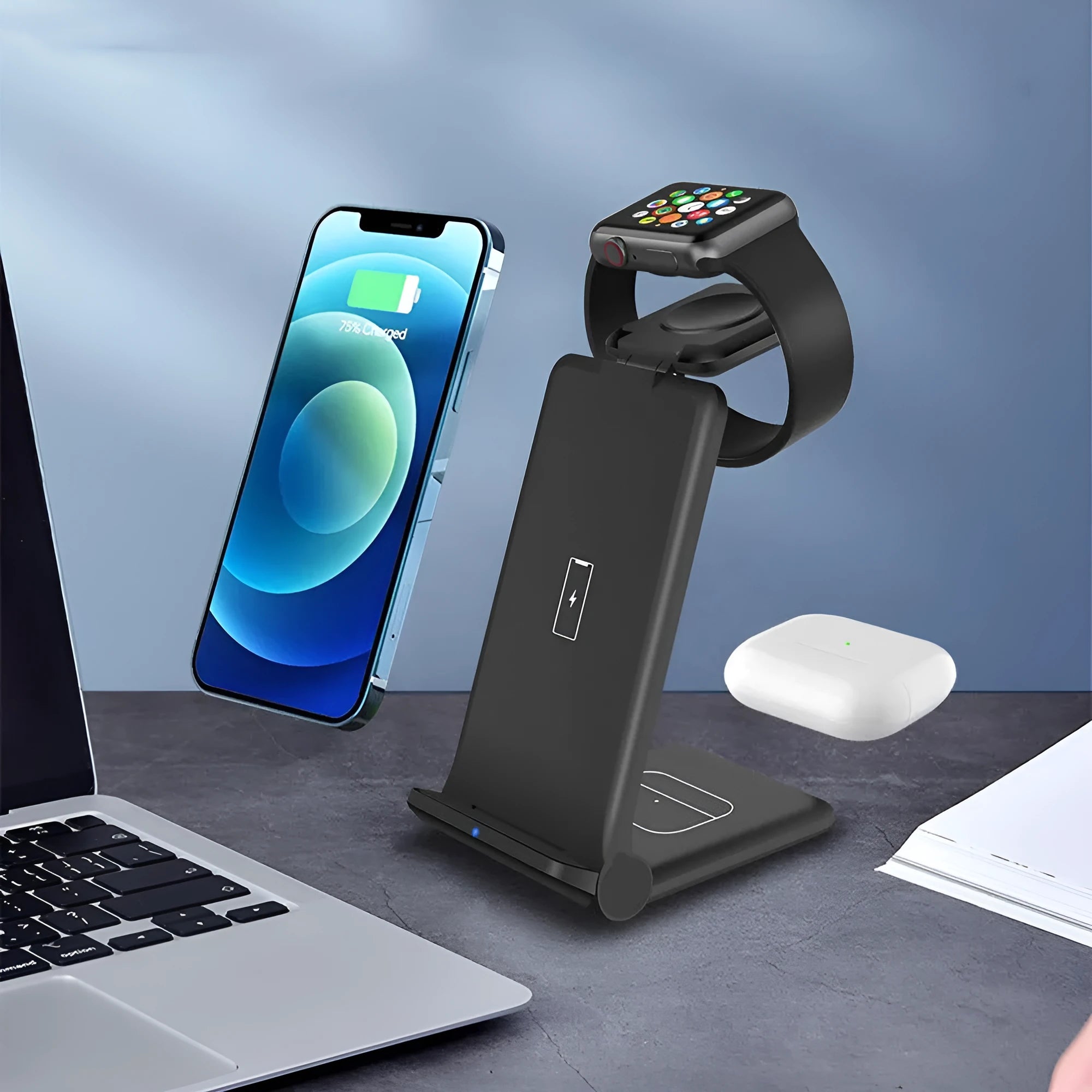 White 3-in-1 wireless charging station holding an iPhone, Apple Watch, and AirPods case.