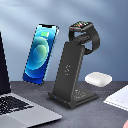 White 3-in-1 wireless charging station holding an iPhone, Apple Watch, and AirPods case.