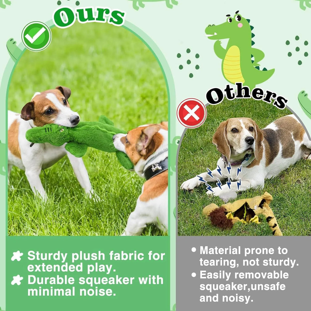 Green plush crocodile dog toy with no stuffing, for aggressive chewers.