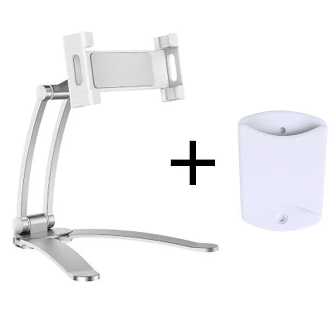 Silver aluminium alloy desktop tablet stand holding a tablet at an adjustable angle with a white mounting base.